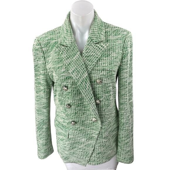 NEW Modern Works Women's Green Metallic Tweed Double Breasted Blazer Jacket M - Picture 1 of 4